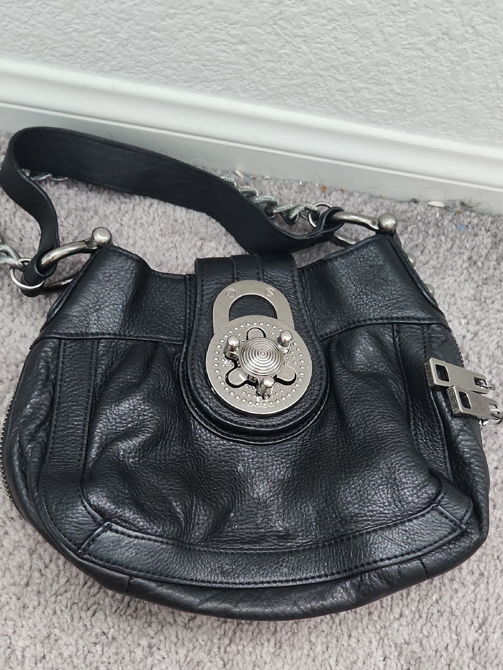 Steve Madden Black Leather Shoulder Bag with Decorative Silver Hardware